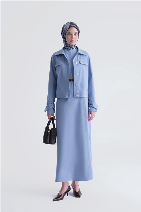 Denim Ceketli Elbise Takım Buz Mavi
