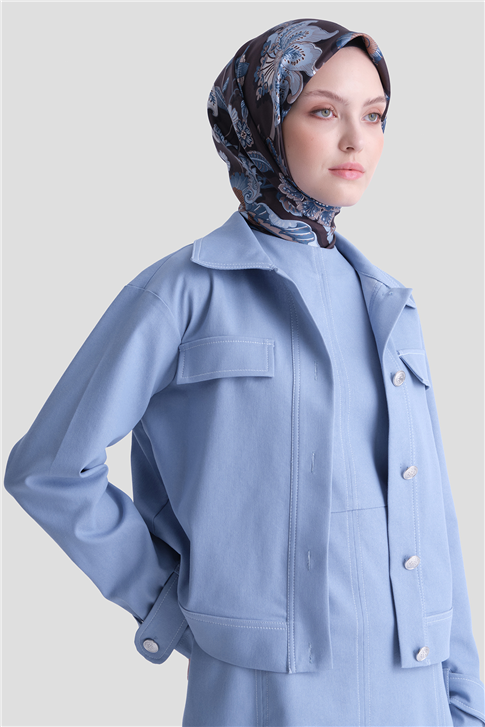 Denim Ceketli Elbise Takım Buz Mavi