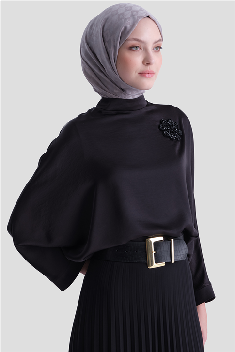 Yüksek Yaka Pilise Etek Takım Siyah