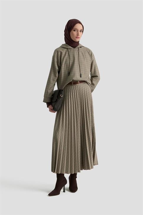 Kapüşonlu Desenli Takım Camel