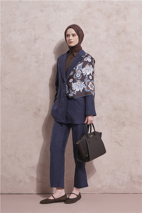 Jakarlı Lyocell Blazer Takım Lacivert