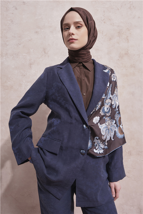 Jakarlı Lyocell Blazer Takım Lacivert