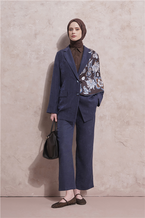 Jakarlı Lyocell Blazer Takım Lacivert