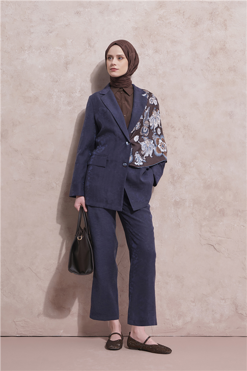 Jakarlı Lyocell Blazer Takım Lacivert