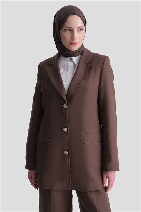 Keten Blazer Ceket Takım Kahverengi