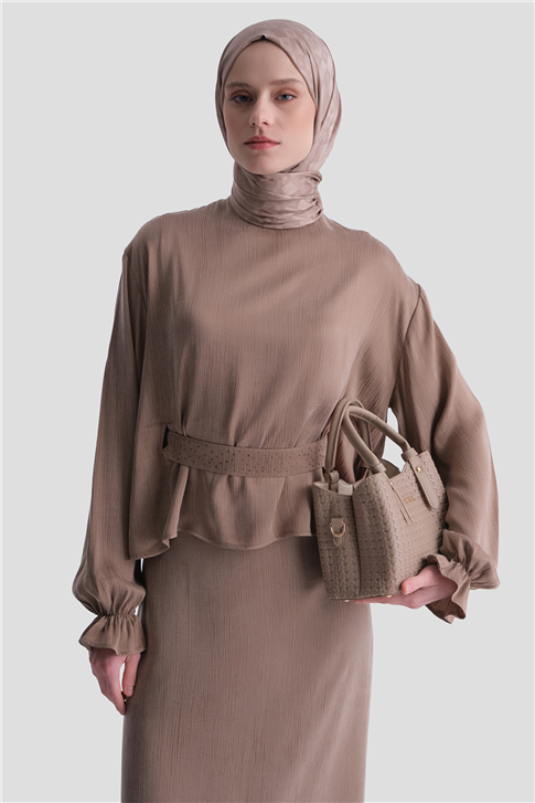 Taş İşlemeli Kupra Takım Kahverengi