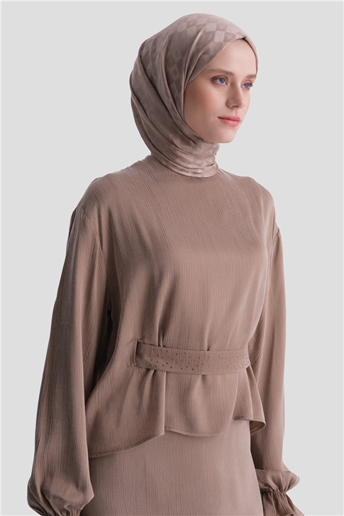 Taş İşlemeli Kupra Takım Kahverengi