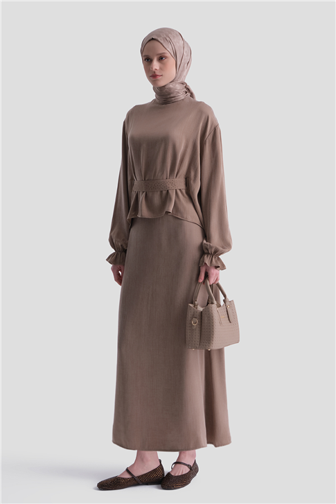 Taş İşlemeli Kupra Takım Kahverengi