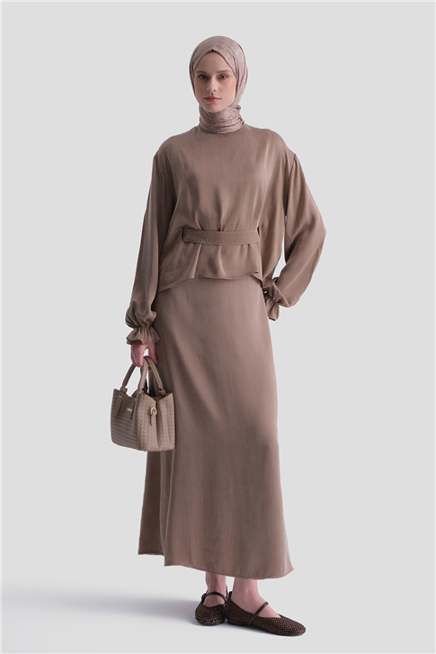 Taş İşlemeli Kupra Takım Kahverengi