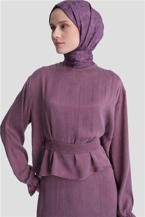 Taş İşlemeli Kupra Takım Mürdüm