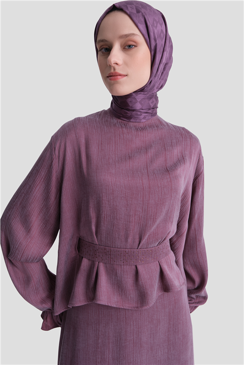 Taş İşlemeli Kupra Takım Mürdüm