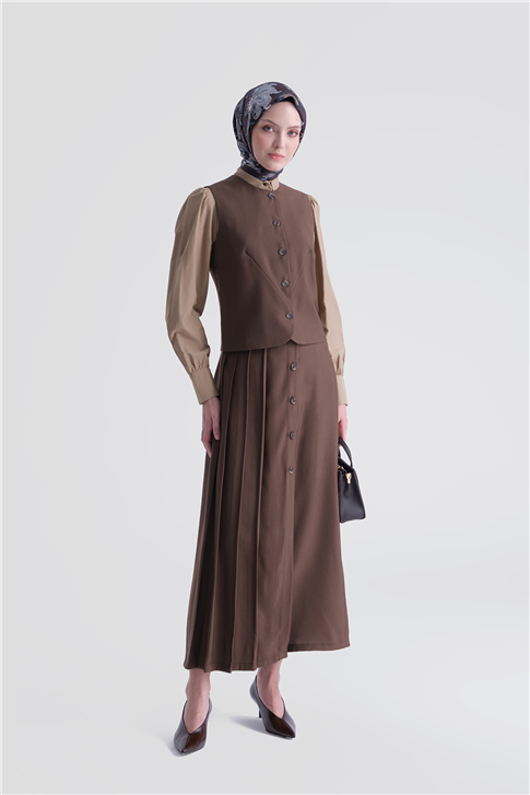 Yelekli Etek Takım Kahverengi