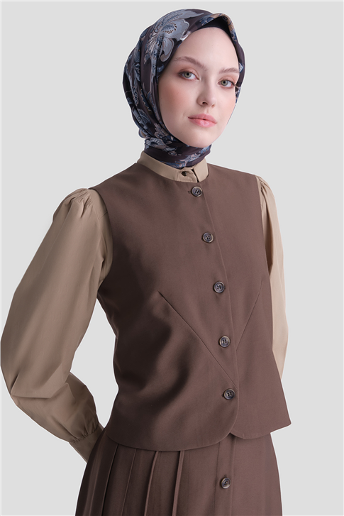 Yelekli Etek Takım Kahverengi