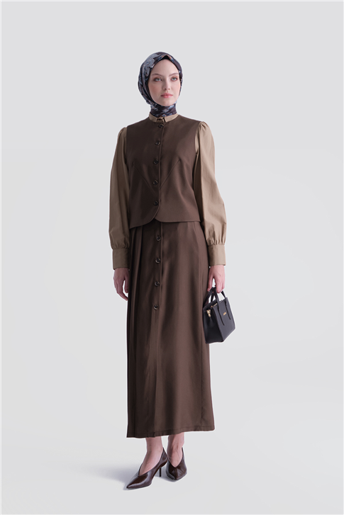 Yelekli Etek Takım Kahverengi