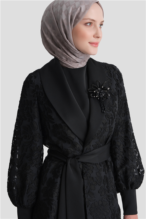 Dantel Ceketli Şık Takım Siyah