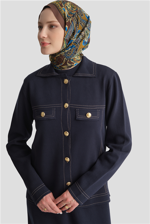 Denim Efektli İkili Triko Takım Lacivert 