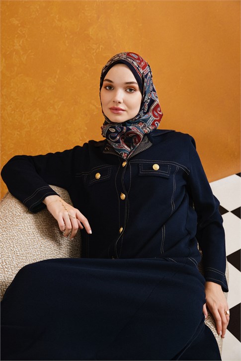 Denim Efektli İkili Triko Takım Lacivert 