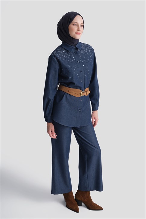Taş İşlemeli Denim Efektli Takım Lacivert 