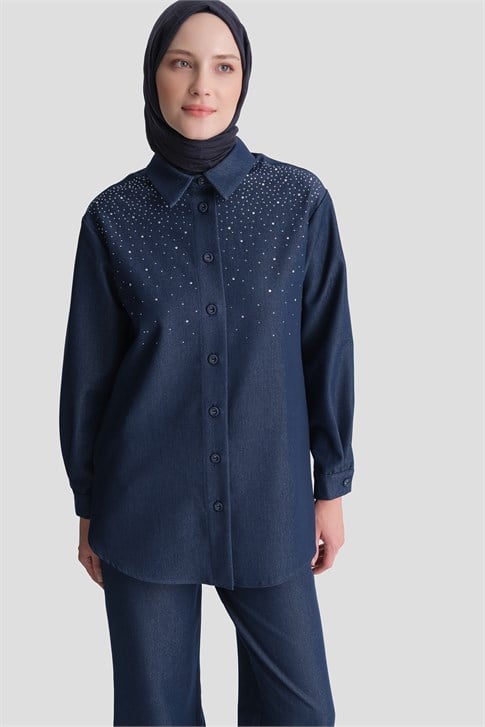 Taş İşlemeli Denim Efektli Takım Lacivert 