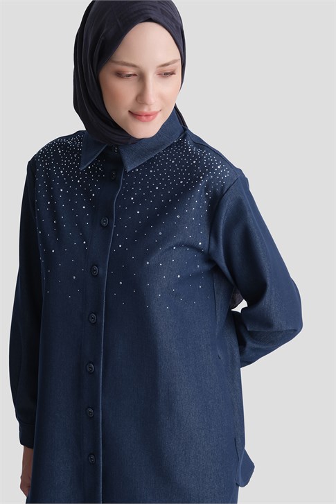 Taş İşlemeli Denim Efektli Takım Lacivert 