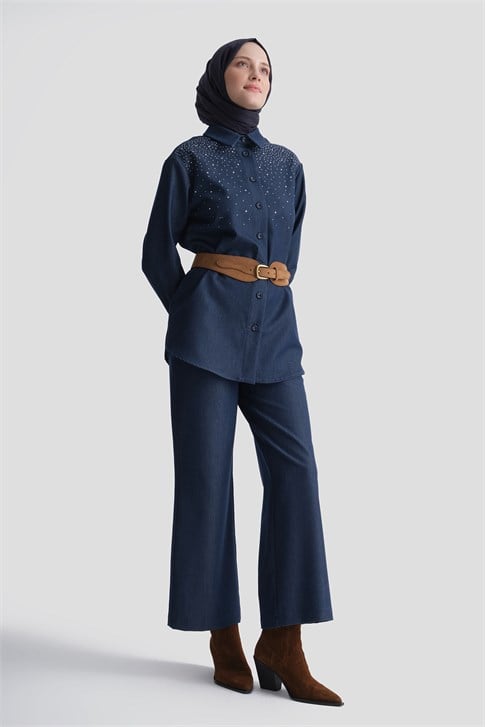 Taş İşlemeli Denim Efektli Takım Lacivert 