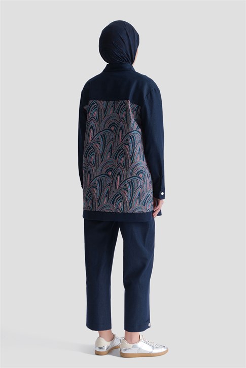 Desenli Denim Ceketli Takım Lacivert 