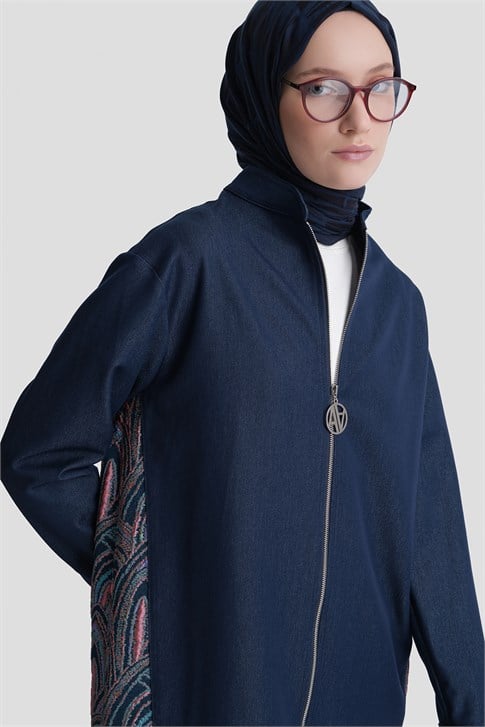 Desenli Denim Ceketli Takım Lacivert 