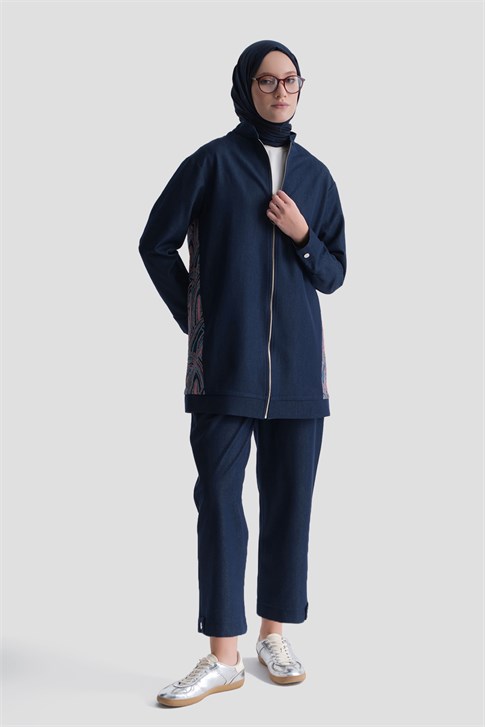 Desenli Denim Ceketli Takım Lacivert 