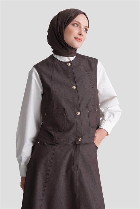 Denim Efektli Takım Kahverengi 