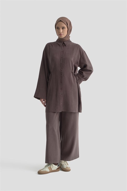 Beli Bağcıklı Lyocell Takım Acı Kahve