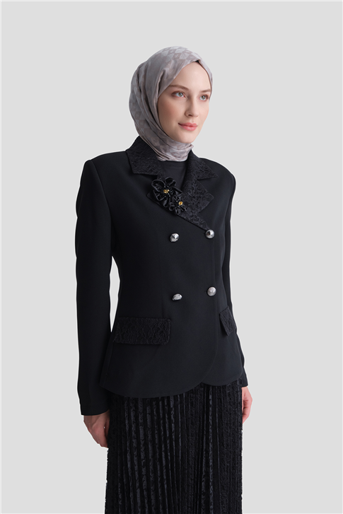 Dantel Mixli Şık Takım Siyah
