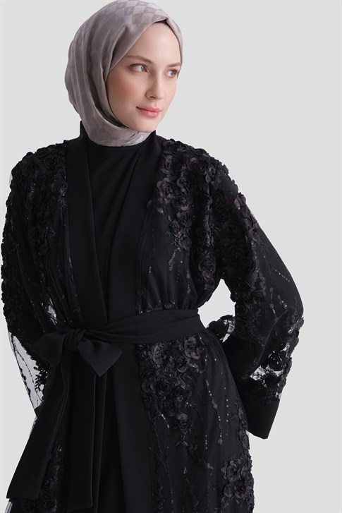Çiçekli Dantelli Abaya Takım Siyah