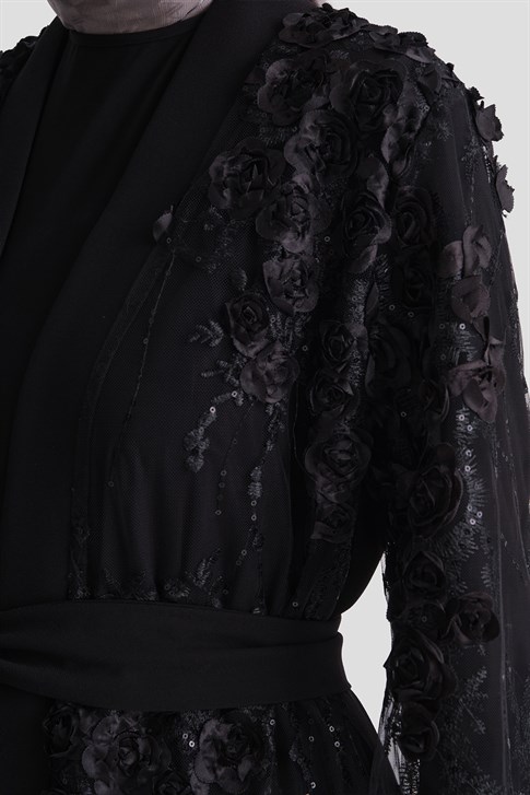 Çiçekli Dantelli Abaya Takım Siyah