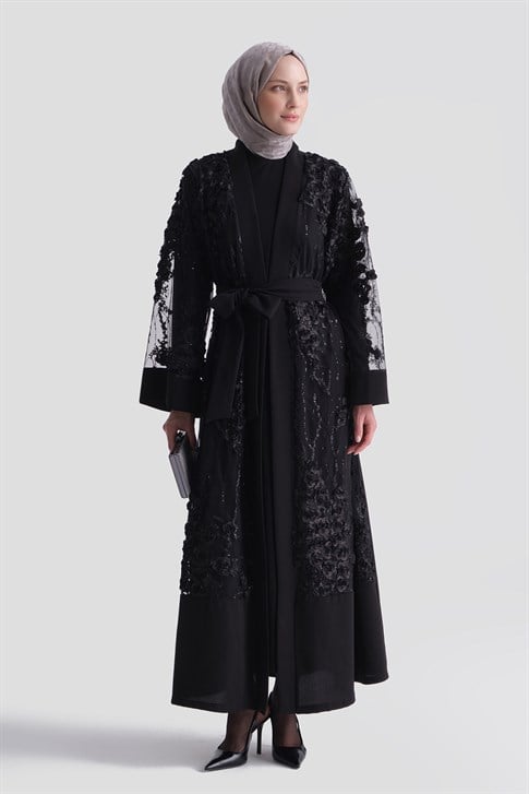 Çiçekli Dantelli Abaya Takım Siyah