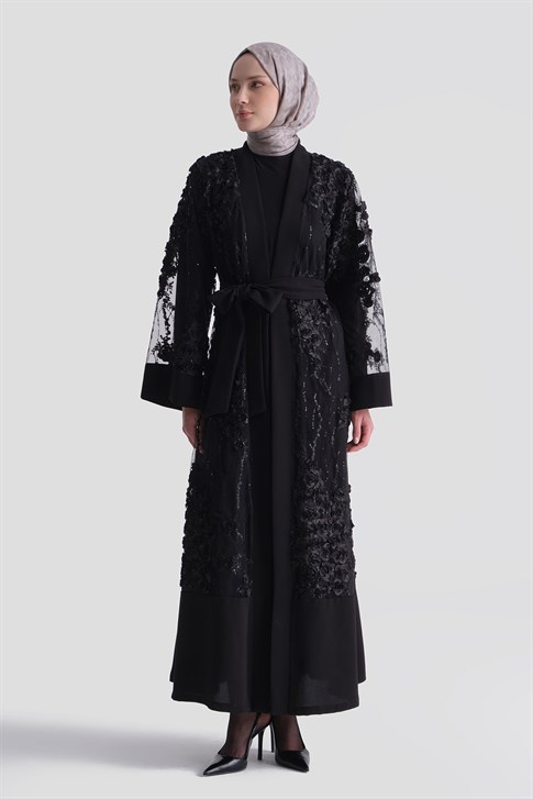 Çiçekli Dantelli Abaya Takım Siyah