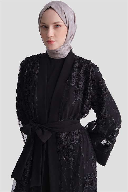 Çiçekli Dantelli Abaya Takım Siyah