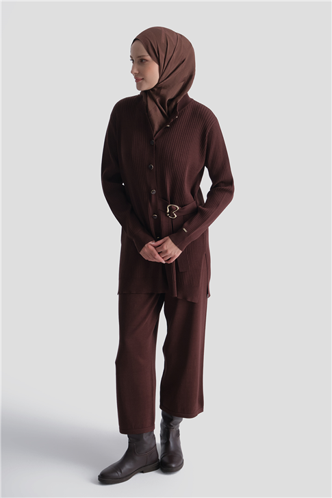 Fitilli Hırkalı Rayon Triko Takım Acı Kahve 
