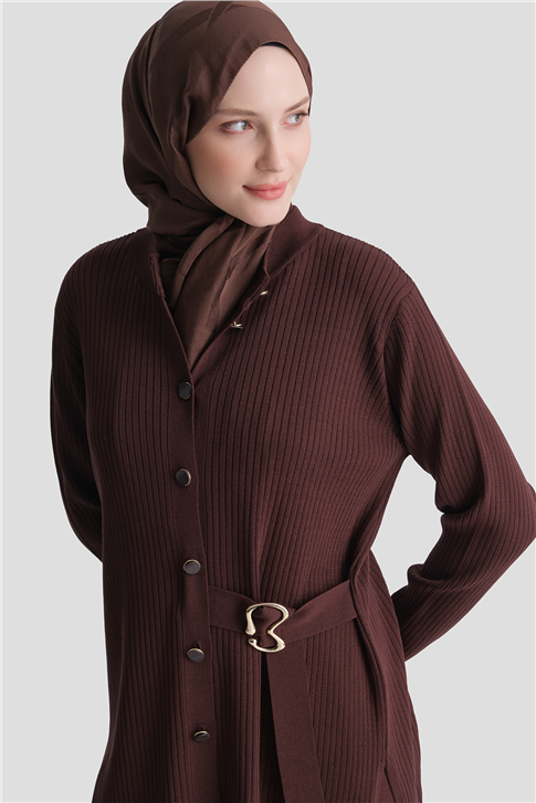 Fitilli Hırkalı Rayon Triko Takım Acı Kahve 
