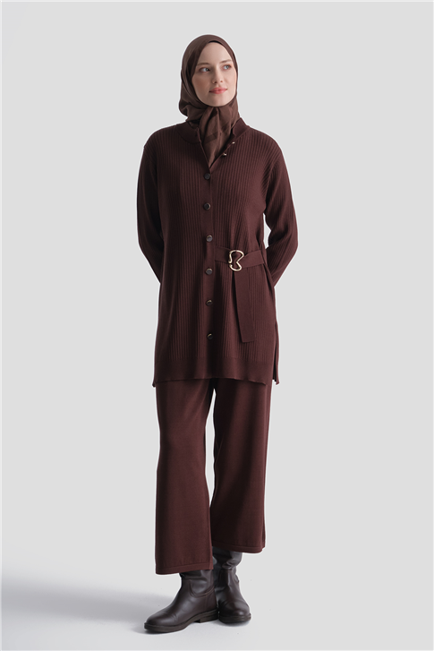 Fitilli Hırkalı Rayon Triko Takım Acı Kahve 