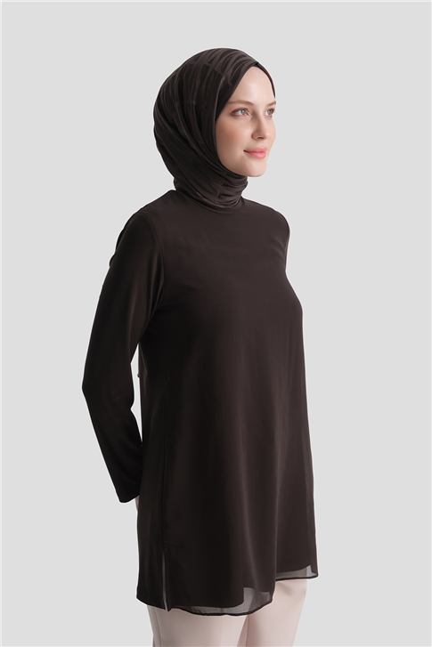 Şifon Detaylı Tunik Kahverengi 