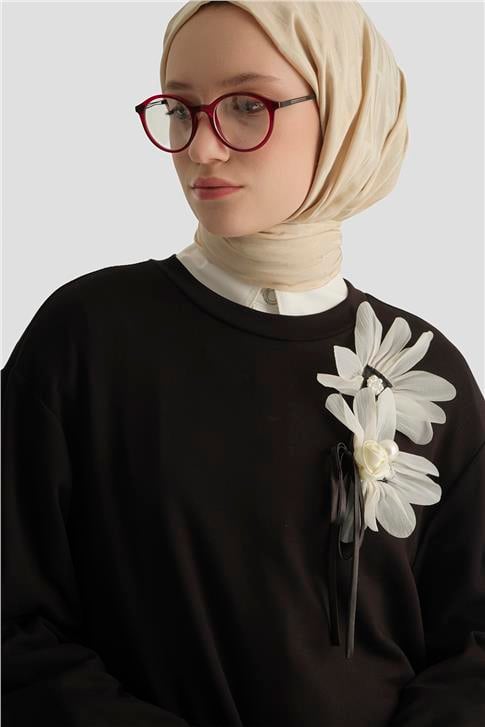 Armine Çiçekli Modal Örme Tunik Siyah