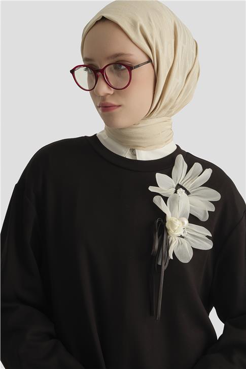 Armine Çiçekli Modal Örme Tunik Siyah