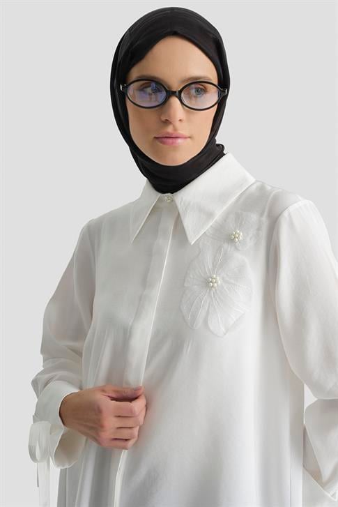 Armine Çiçekli Kupra Tunik Beyaz