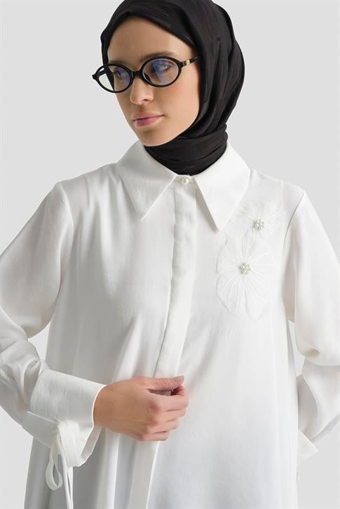 Armine Çiçekli Kupra Tunik Beyaz