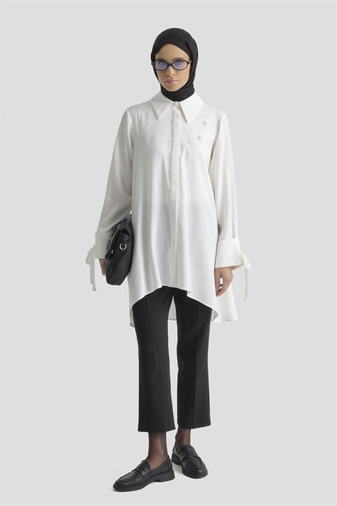 Armine Çiçekli Kupra Tunik Beyaz