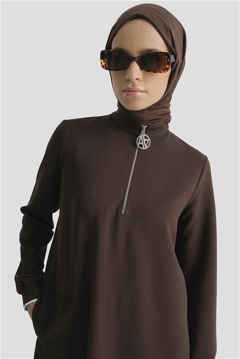 Armine Fermuar Detaylı Tunik Kahve
