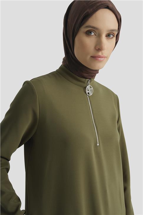 Armine Fermuar Detaylı Tunik Yağ Yeşili