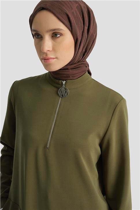 Armine Fermuar Detaylı Tunik Yağ Yeşili