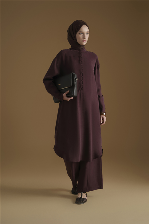 Düğme Detaylı Takım Mürdüm