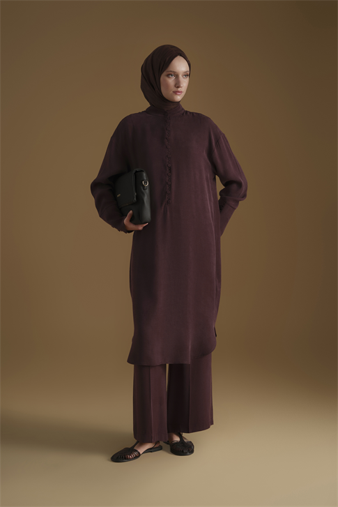 Düğme Detaylı Takım Mürdüm